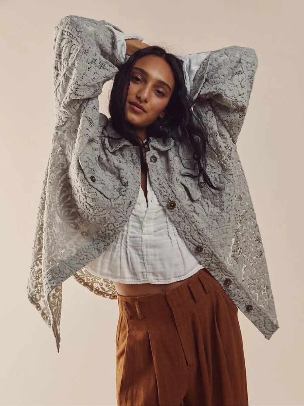 Free People We The Free Ruby Sheer Lace Shacket Jacket Gray Oversized Medium